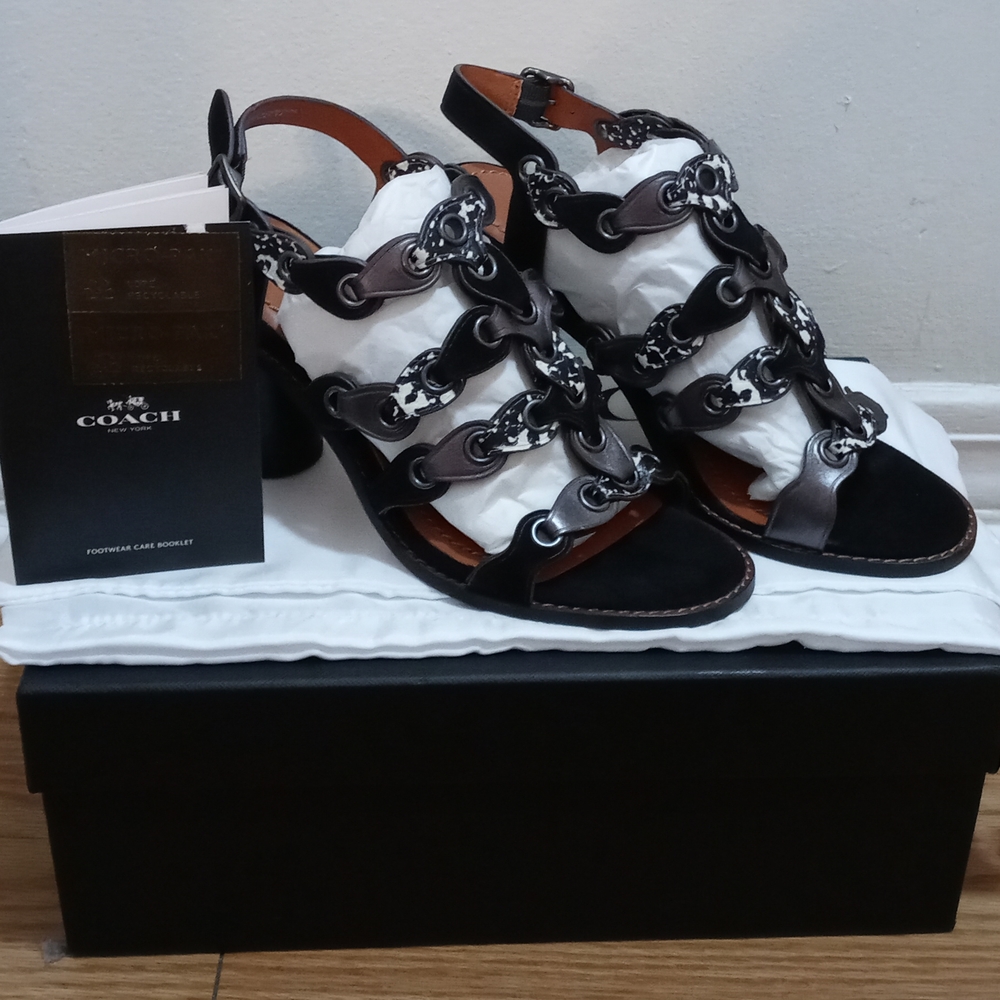 Coach Mid Heel Sandal With Link - Women's In Black/black White/gunmetal